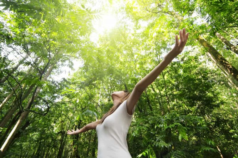 Lyftte upp armar för ung kvinna som tycker om den nya luften i grön skog