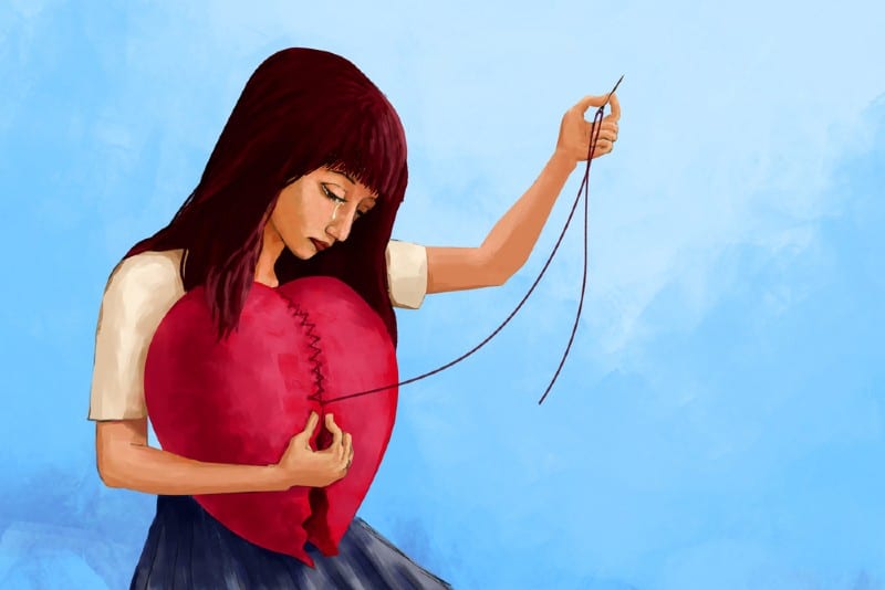målning av en kvinna som syr stort rött hjärta